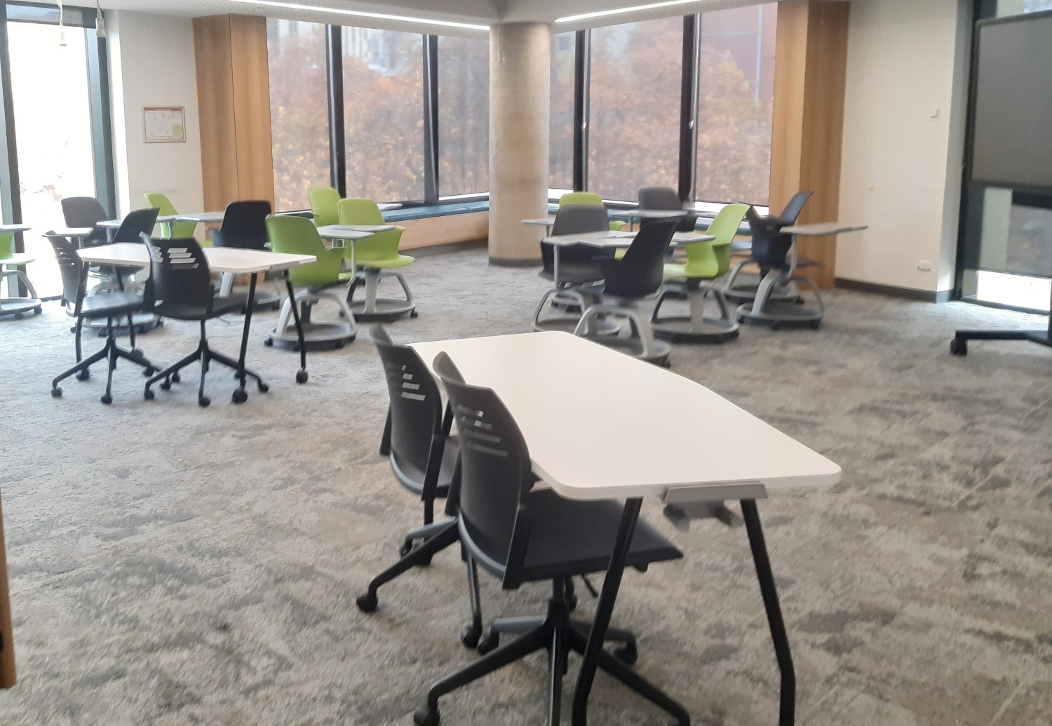 classroom with tables and chairs